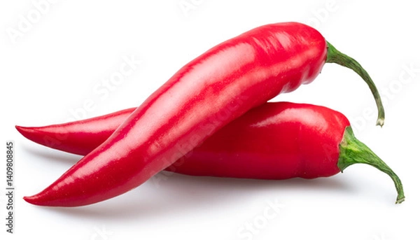 Fototapeta Two red hot chilli peppers isolated on white background. File contains clipping paths.