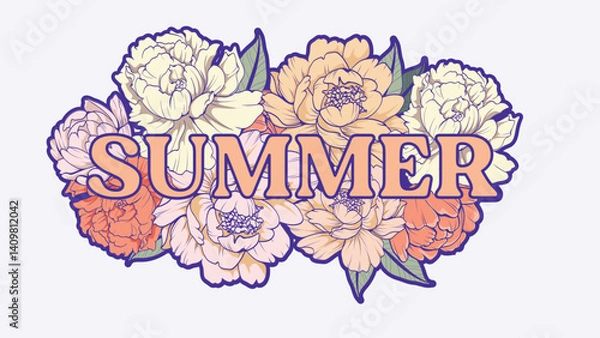 Obraz vector illustration. Isolated peonies bloom against a pristine white background, their crisp vector outlines and pastel shades creating an elegant frame for the laconic word "Summer".