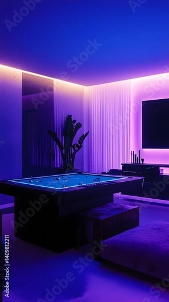 Fototapeta Minimalist game room with sleek setup and ambient lights