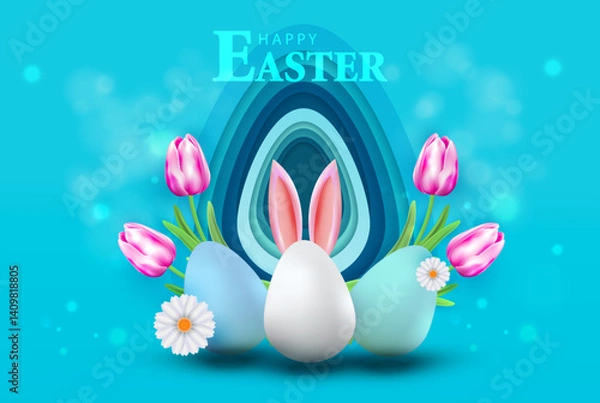 Obraz Easter blue banner with eggs, tulip, bunny ears and flower. Holiday 3D cartoon card design. Happy Easter vector.