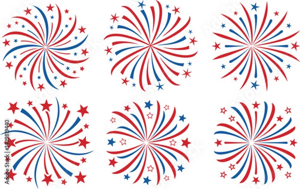 Obraz 4th July firework vector graphic bundle. Transparent Background.