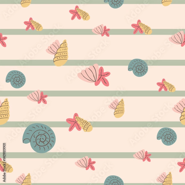 Obraz Pastel Summer Seashells Starfish Hand Drawn Artistic Vector Seamless Pattern 