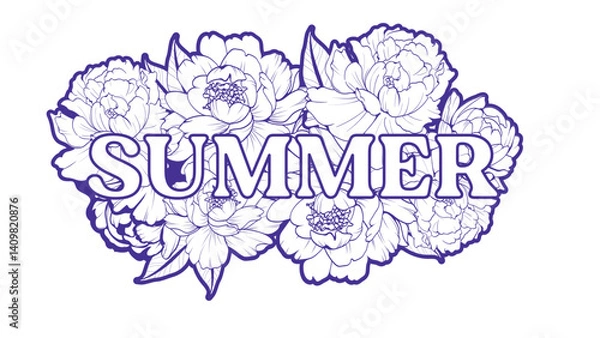 Fototapeta vector illustration. Isolated peonies bloom against a pristine white background, their crisp vector outlines and pastel shades creating an elegant frame for the laconic word "Summer".