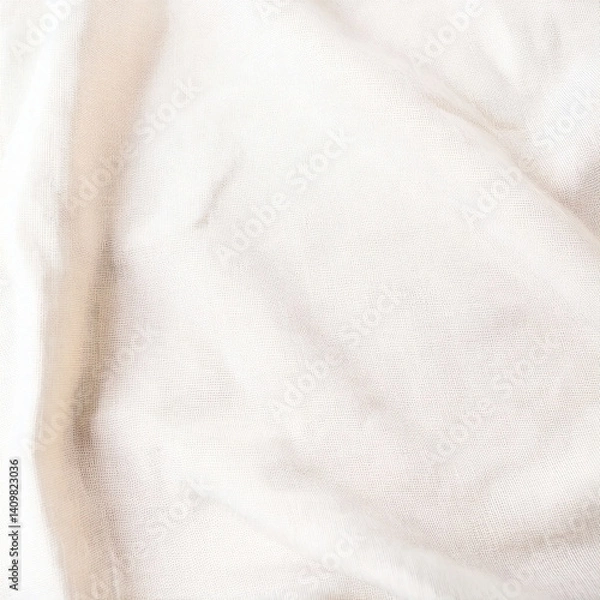 Fototapeta Natural white cotton linen fabric background. Soft plain textile top view surface earth tone color. Close-up texture of neutral white cloth for display products, mockups or presentations.