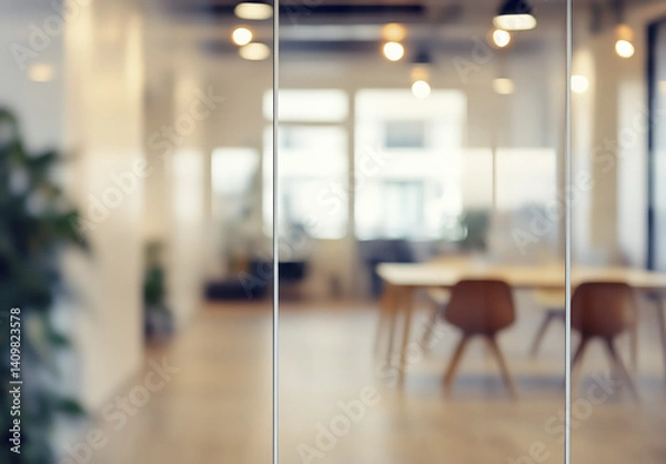Fototapeta modern office interior with blurred background, featuring wooden furniture, warm lighting, and spacious layout, creating calm and inviting atmosphere