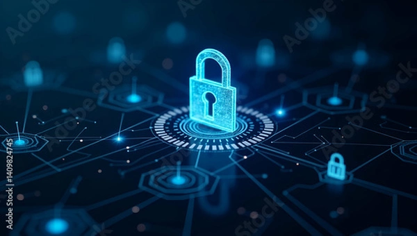 Obraz Innovative Visuals of Cybersecurity in Blockchain: Secure Ledger Technology, Encrypted Transactions & Decentralized Protocols - Photo Stock Concept with Empty Space