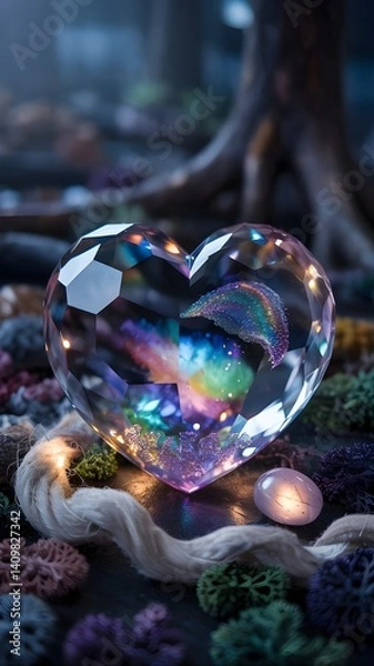 Fototapeta Dreamlike cinematic photo of glowing crystal heart with photorealistic textures, surreal mist, warm lighting, and 35mm film grain evoking mystical, enchanting visual wonder

