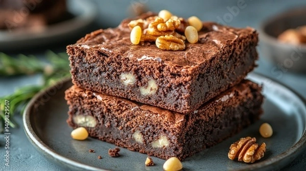 Obraz Decadent chocolate brownies topped with nuts