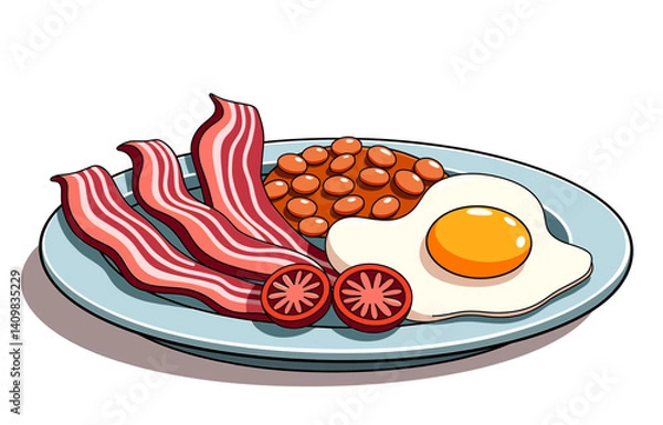 Fototapeta Icon of traditional English breakfast plate with crispy bacon, sunny-side-up eggs, baked beans, grilled tomatoes, isolated on white background for food blogs, recipes, culinary arts