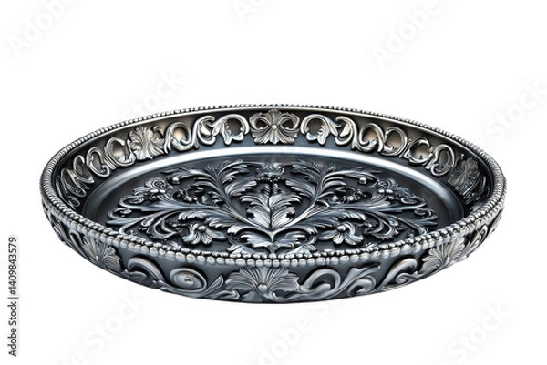 Fototapeta Elegant silver platter with intricate floral design a stunning centerpiece on transparent background