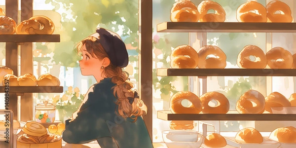 Obraz パンが好きな女性。イラスト。水彩画。