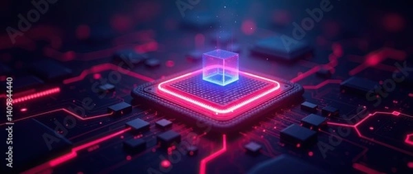 Fototapeta Futuristic Technology Concept Featuring a Neon Lit Circuit Board and Processor. Symbolizing futuristic technology innovation, AI development, and computing advances, projects about modern tech