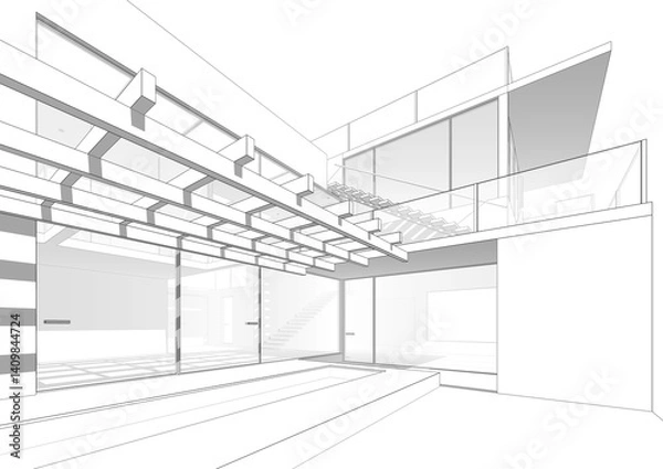 Fototapeta Architectural sketch of modern building 3d rendering