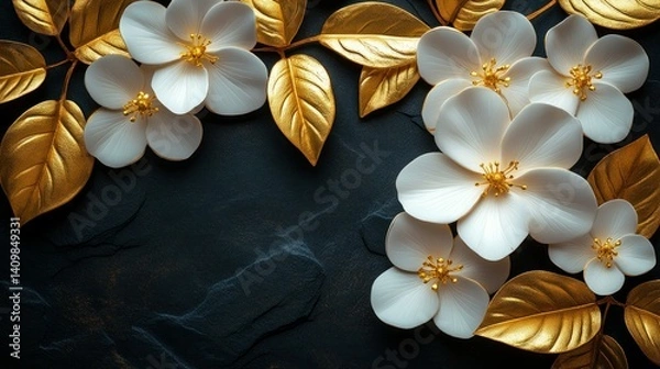 Obraz Delicate white flowers with gold accents on dark stone