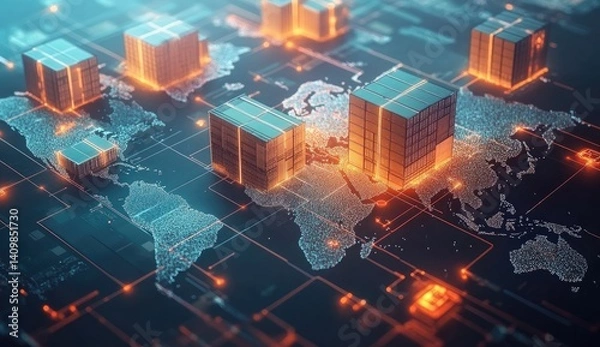 Fototapeta Global logistics network visualized; shipping containers connected across world map