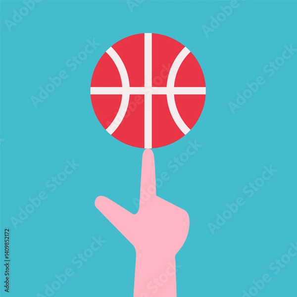 Fototapeta Vector flat concept learns how to spin basketball on finger. Ball trick is spectacular freestyle that shows mastery. Clipart sport collection with square composition