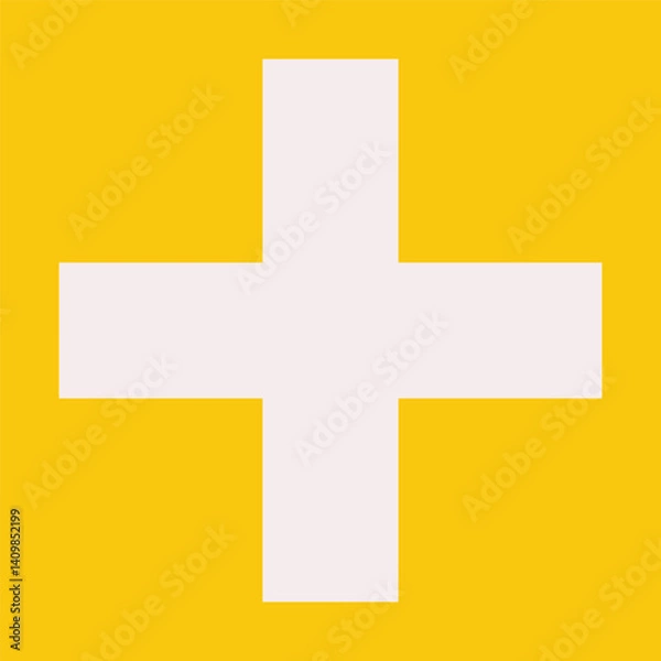 Fototapeta Vector flat concept with white plus symbol on yellow background. Minimalistic design for brochure or app. Clipart collection with icon about add bonus or increase something