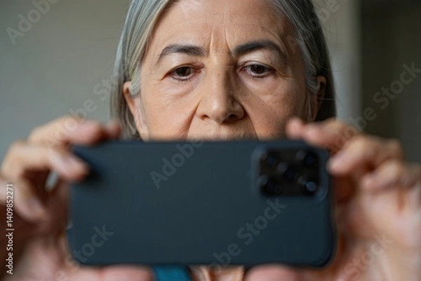 Obraz Close up of an older woman with gray hair holding a black smartphone horizontally, focusing intently. Background is softly blurred, suggesting an indoor scene.