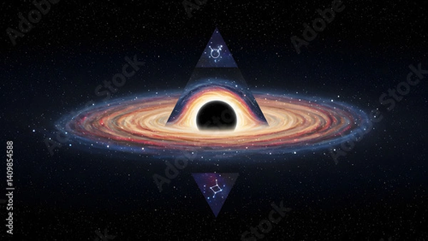 Fototapeta This image illustrates a black hole surrounded by a glowing accretion disk, set in a cosmic backdrop.