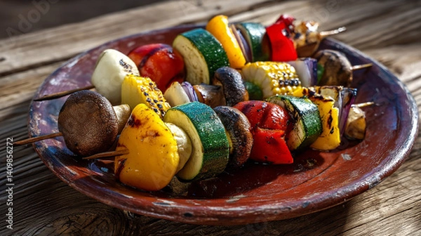Fototapeta Grilled vegetables on skewer with char marks on rustic plate