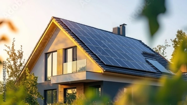 Fototapeta Close-up of new suburban house with a photovoltaic system on the roof. Modern eco friendly passive house with solar panels on the gable roof, with sunlight in the morning vibes.