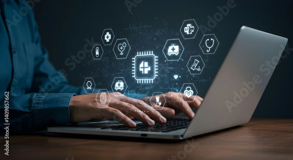 Fototapeta Person typing on laptop with medical icons hovering above the keyboard in a digital environment