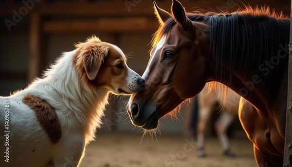 Fototapeta A heartwarming moment between a dog and a horse in a barn setting, the concept of friendship among farm animals.