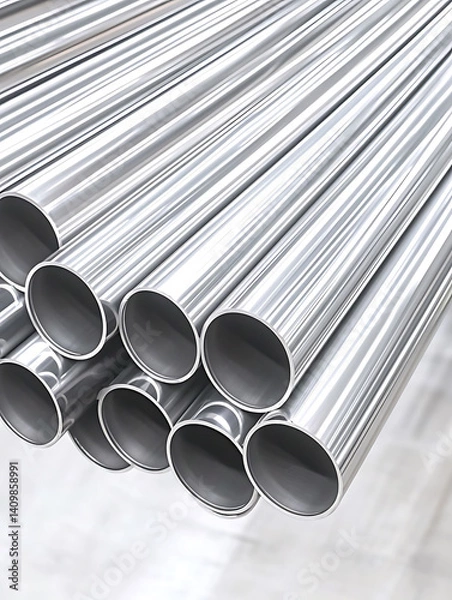 Fototapeta Stacked shiny metal pipes create a repetitive pattern highlighting industrial materials and metallic textures in a simple arrangement.