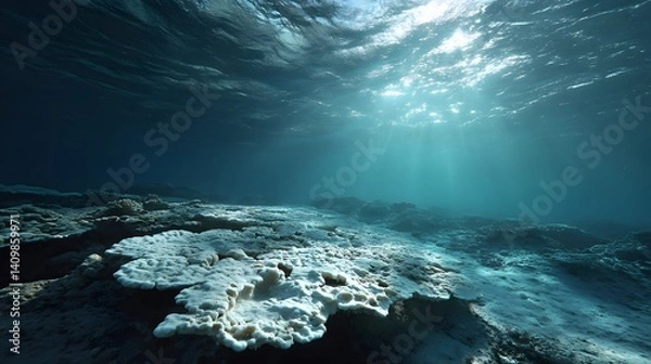 Fototapeta Underwater scene shows vast bleached white coral covering the seabed, viewed from below with sun rays piercing through deep blue water, highlighting environmental damage in realistic.  
