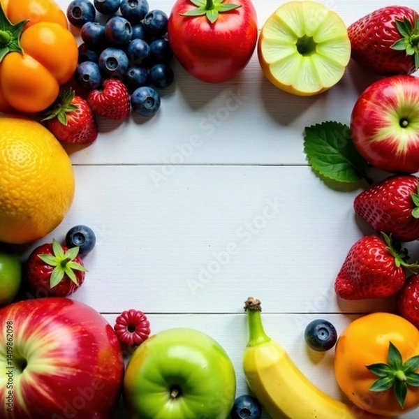 Fototapeta A colorful arrangement of fresh fruit berries and vegetables on a wooden table, healthy, nature