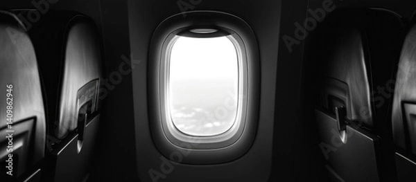 Fototapeta Monochromatic airplane window view with seats emphasizing travel mood