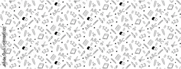 Fototapeta elementary school stationary icon doodle hand drawing seamless pattern monochrome