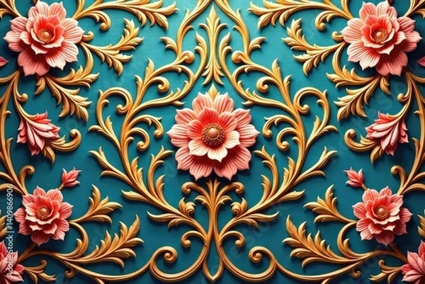 Fototapeta Intricate woven floral damask, elegant swirls and leaves , textile, damask