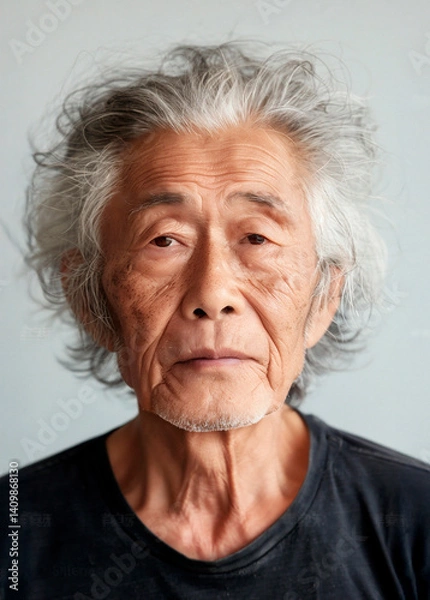 Fototapeta AI-generated photo of a handsome Chinese mature man with gray hair looking at a camera.  Close up portrait