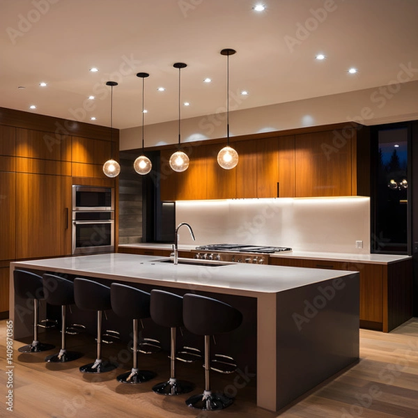 Obraz Modern Kitchen Illumination: A Perfect Balance of Task and Ambient Lighting for Cooking and Entertaining