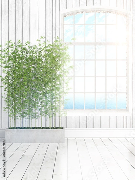 Fototapeta Modern bright interior with large window . 3D rendering