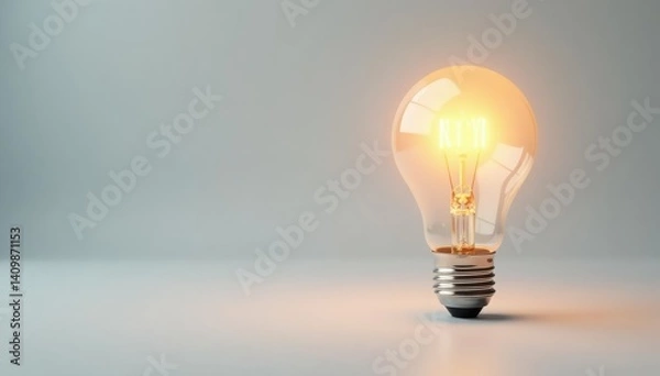 Fototapeta Single lightbulb glowing brightly on white background, solution, electricity, white