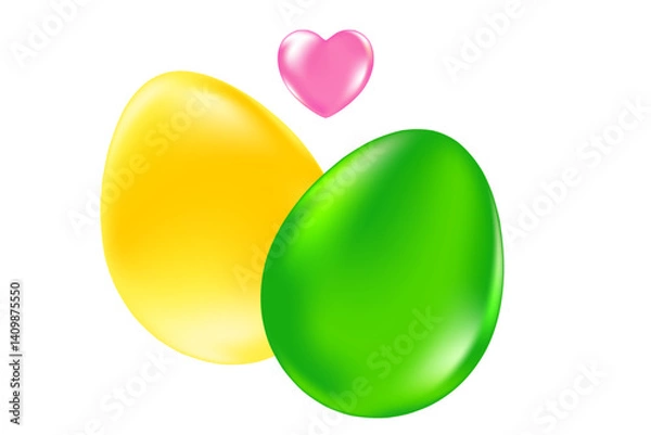 Fototapeta Cute 3D green, yellow easter eggs with pink heart icon isolated Png, transparent background. Iridescent glowing glass or plastic texture clipart or decoration design element.