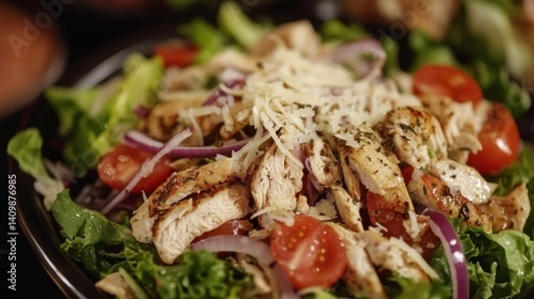Fototapeta Fresh Grilled Chicken Salad with Vegetables and Parmesan Cheese