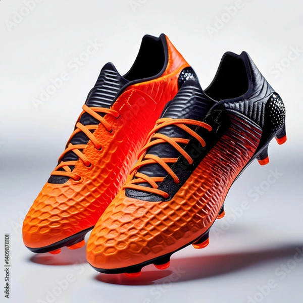 Fototapeta Bright orange and black soccer cleats with textured design for enhanced grip