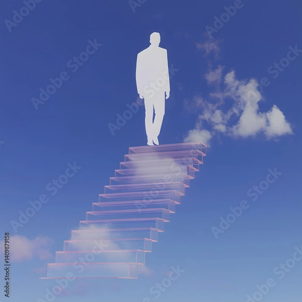 Fototapeta Silhouette humaine en costume montant un escalier flottant dans le ciel, ambiance surréaliste.
