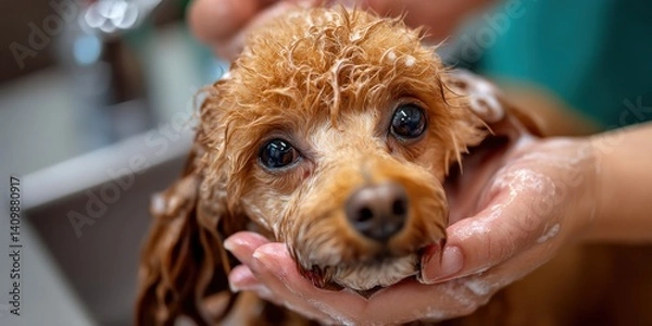Obraz Gentle Dog Wash Close Up of a Brown Poodle Being Bathed