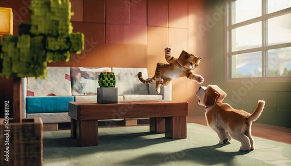 Fototapeta Playful kitten and puppy engaging in fun antics indoors during the day