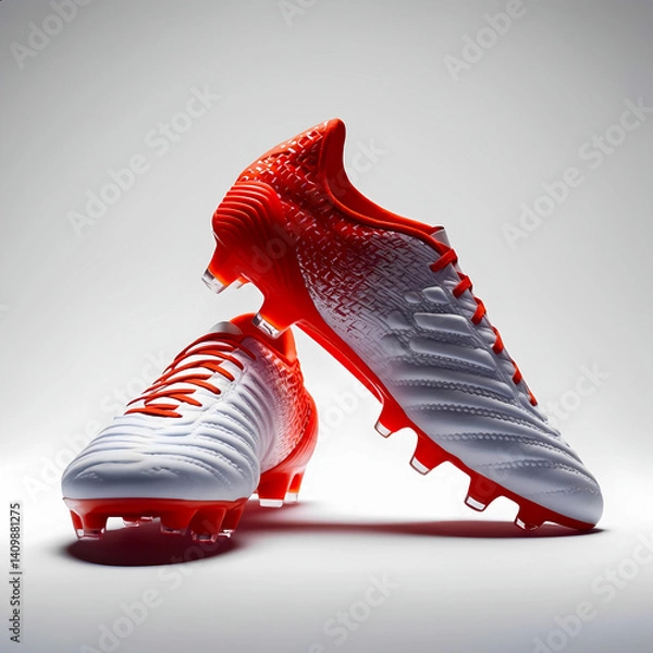 Fototapeta Red and white soccer cleats on display in studio lighting