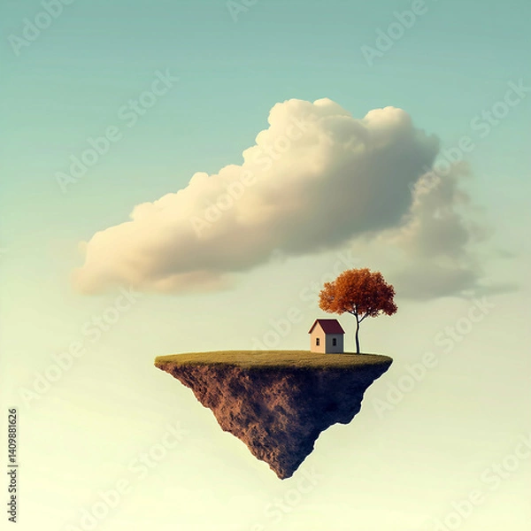 Fototapeta Small house and tree on floating island under large cloudy sky