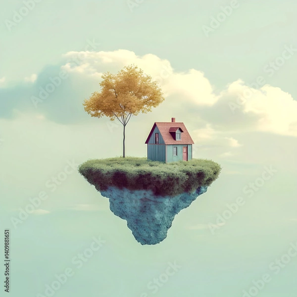 Fototapeta Small house and tree on a floating island in the sky