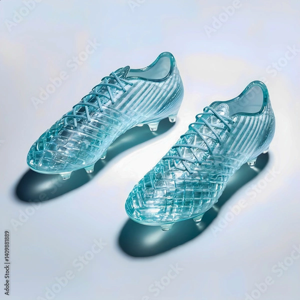 Fototapeta Translucent turquoise soccer cleats on light blue background with shadows
