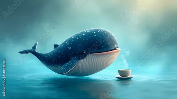 Fototapeta Whimsical whale enjoying tea in a surreal ocean setting
