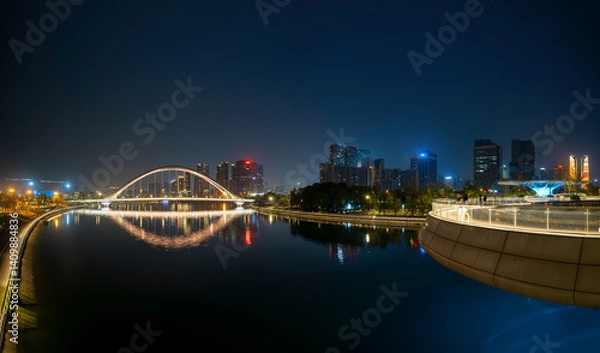Obraz The glowing bridges and city skyline on the river at night, Chengdu, China