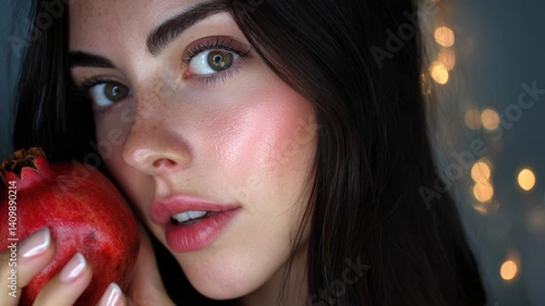 Obraz A photo of a girl with radiant skin holding a pomegranate in her hand, showcasing salon skincare treatments with pomegranate-based cosmetics for a healthy, glowing complexion.